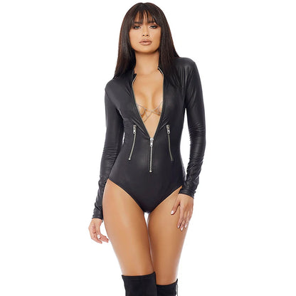 Gothic Faux Leather Latex Long Sleeve Playsuit Bodysuits