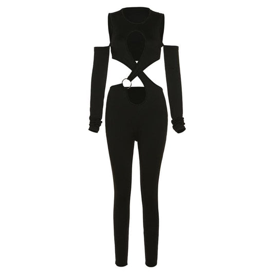 BerriesJam - Cross Front Sleeve Hollow Out Off Shoulder O Ring Solid Jumpsuit